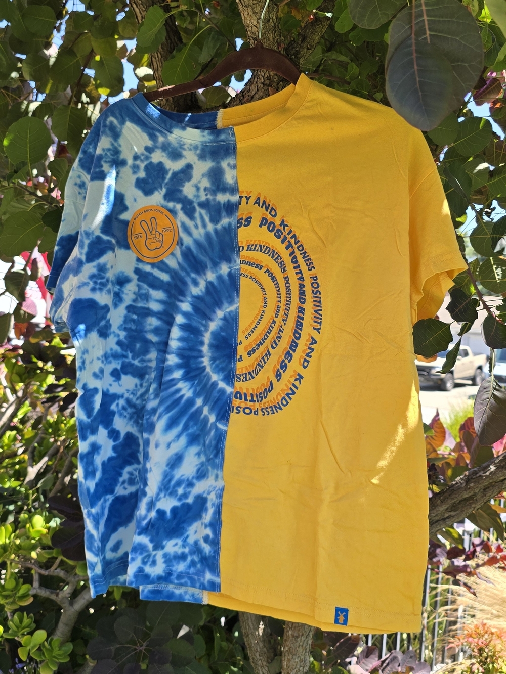 Dutch Bros Half Tie-Dye Blue & Yellow Graphic Tee